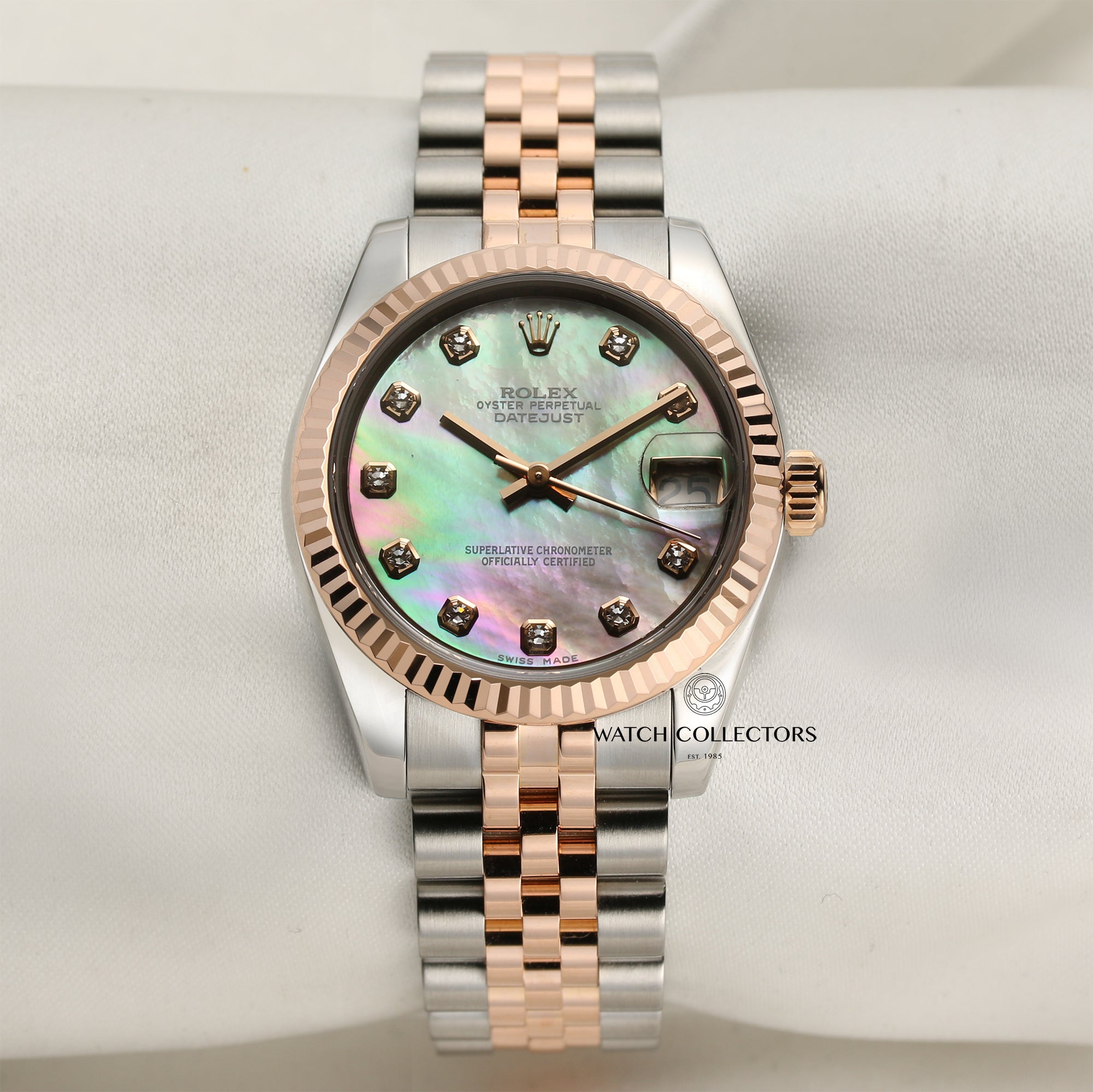 Rolex Midsize DateJust Steel & Rose Gold Black MOP Diamond Second Hand Watch Collectors 1
