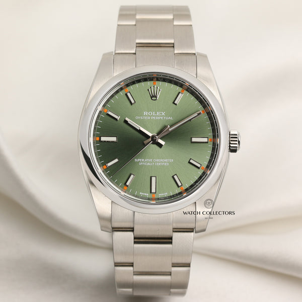 Rolex Oyster Perpetual 114200 Stainless Steel Olive Dial Second hand Watch Collectors 1