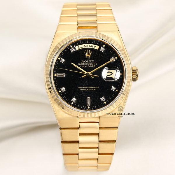 Rolex Oyster Quartz Day-Date 18K Yellow Gold Black Diamond Dial Second Hand Watch Collectors 1