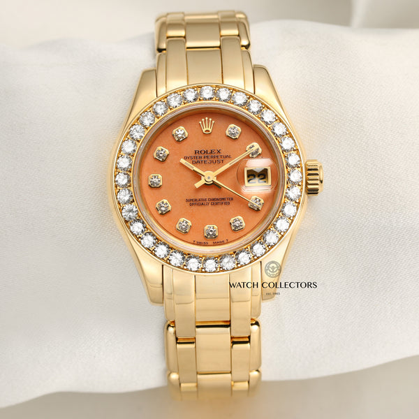 Rolex Pearlmaster Diamond Bezel Coral Dial 18K Yellow Good Second Hand Watch Collectors 1
