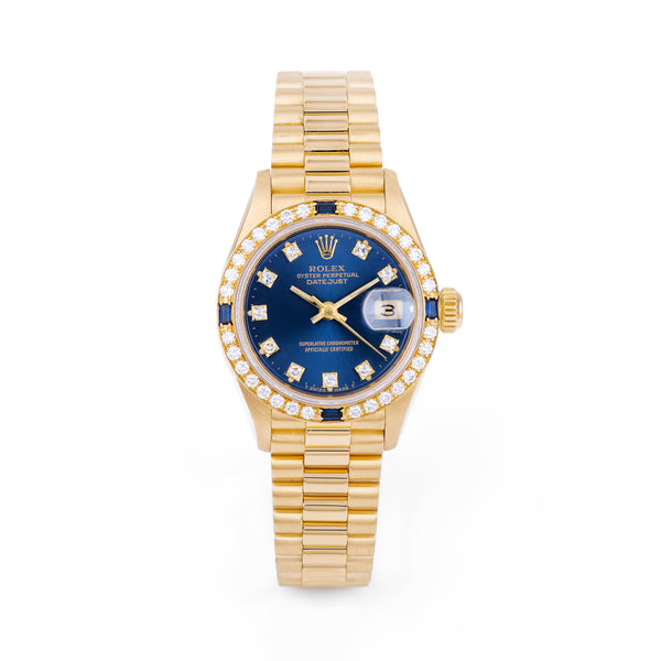 Rolex Lady DateJust | REF. 69088 | Blue Diamond Dial | Diamond & Sapphire Bezel | 18K Yellow Gold