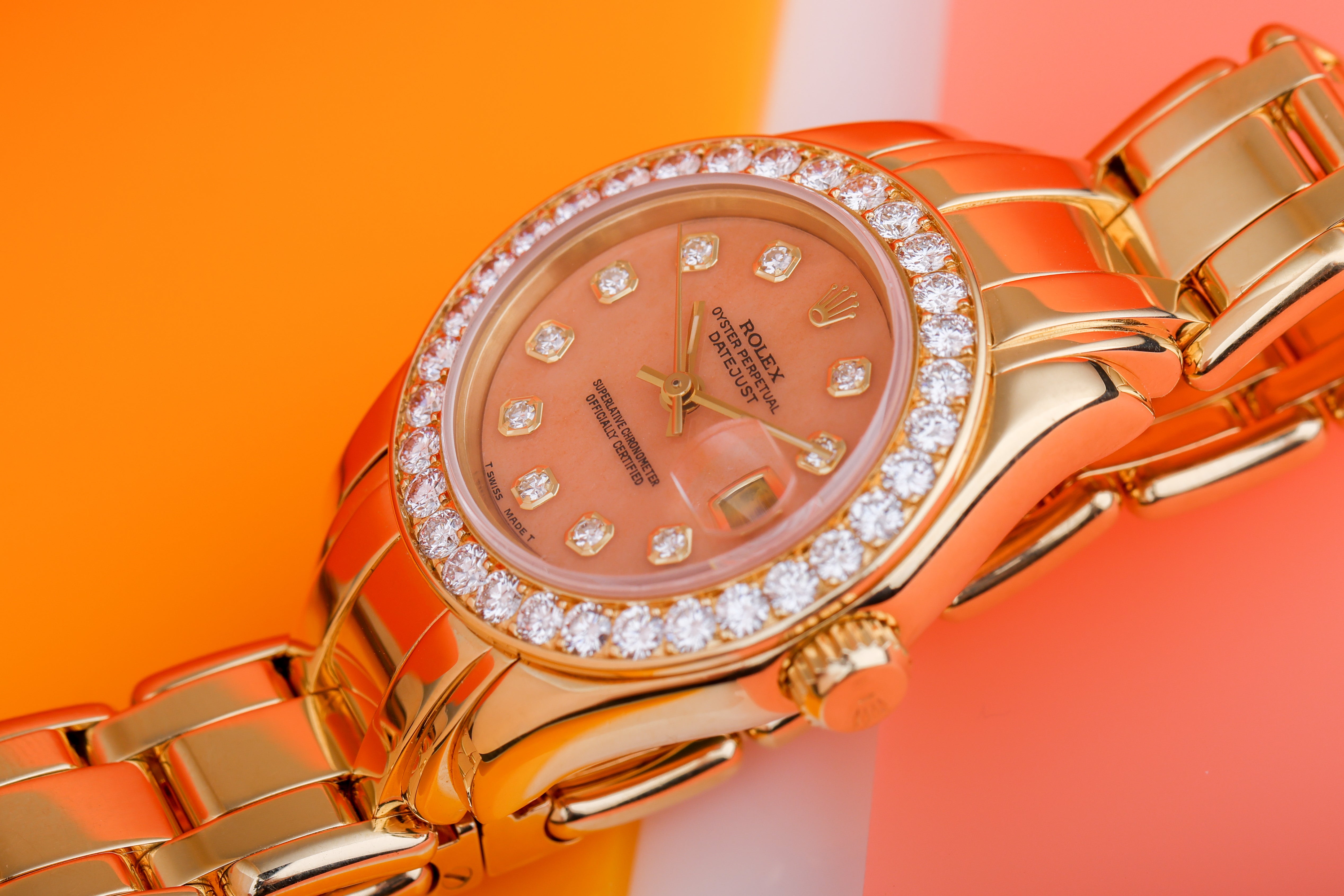 Rolex Lady DateJust Pearlmaster | REF. 69298 | Coral Diamond Dial & Bezel | 18k Yellow Gold