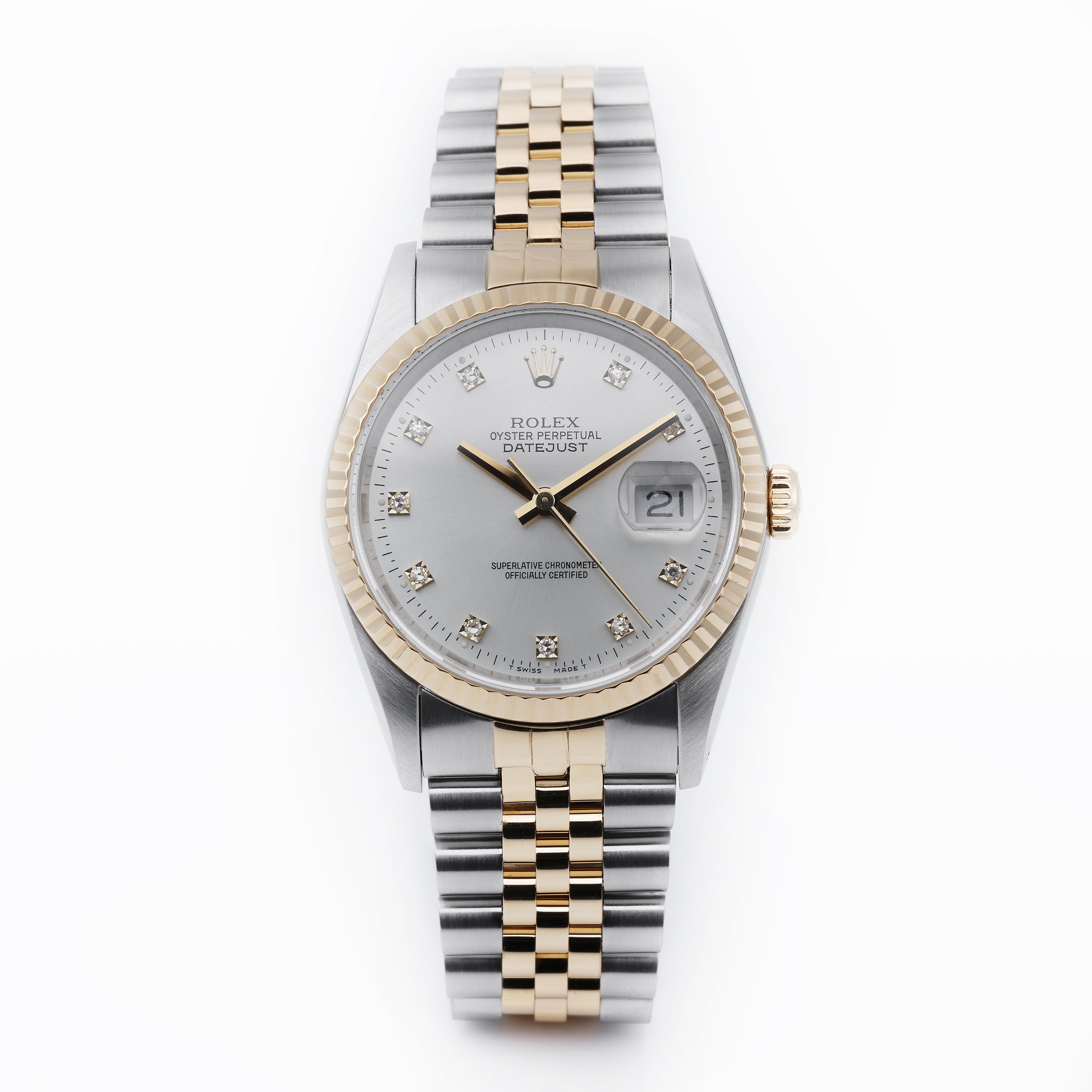 Rolex DateJust 36mm | REF. 16233 | Silver Diamond Dial | Stainless Steel & 18k Yellow Gold | Box & Papers