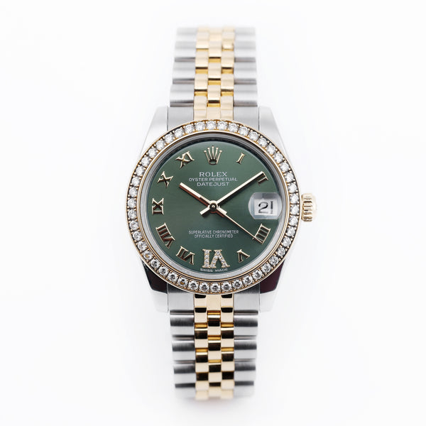 Rolex DateJust Midsize | 31mm | REF. 178383 | Olive Green Diamond Dial | Diamond Bezel | Stainless Steel & 18k Yellow Gold