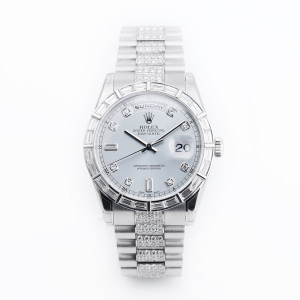 Rare Rolex Day-Date | REF. 118366 | Platinum | Ice Blue Dial | Baguette Bezel, Diamond Hours & Diamond Bracelet
