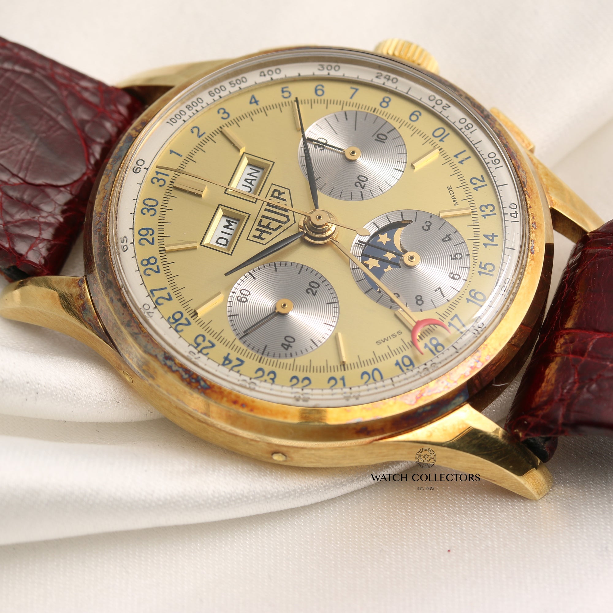 New Old Stock Heuer Golden Hours Triple Calendar Chronograph Moonphase 18k Yellow Gold