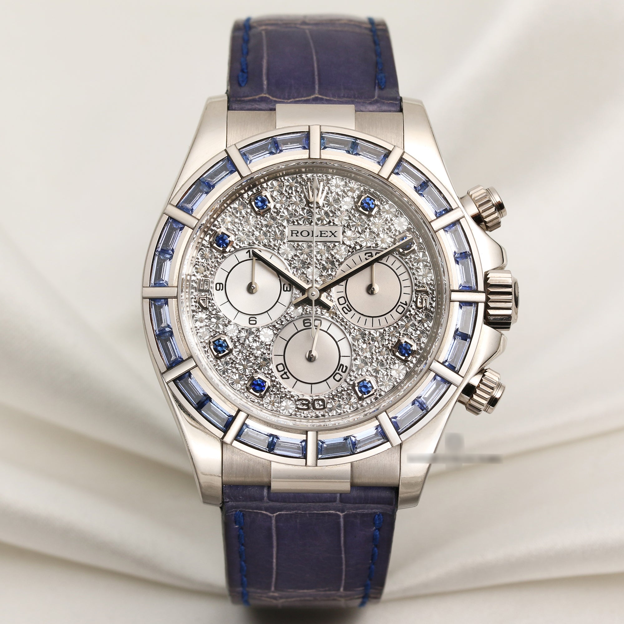 Unpolished-Rare-Rolex-Daytona-116589-18K-White-Gold-Pave-Dial-Light-Sapphire-Bezel-Second-Hand-Watch-Collectors-1