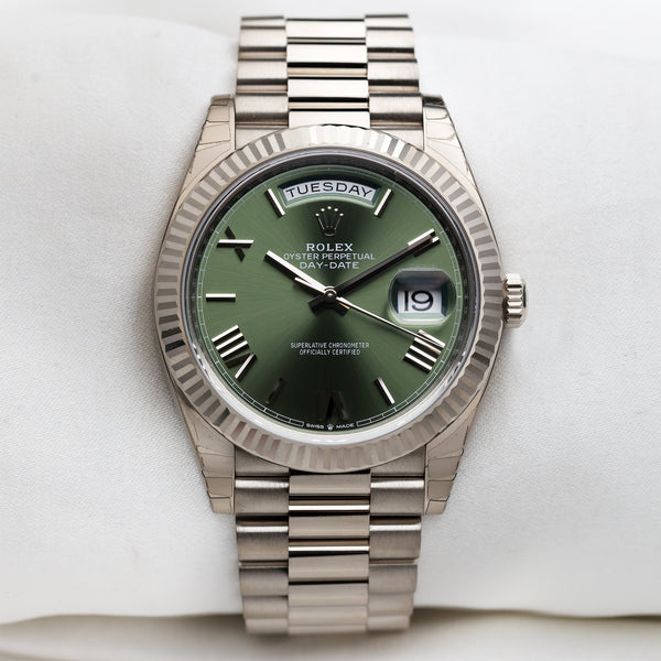 Unworn Rolex Day-Date 228239 Olive Dial 18K White Gold Second Hand Watch Collectors 1