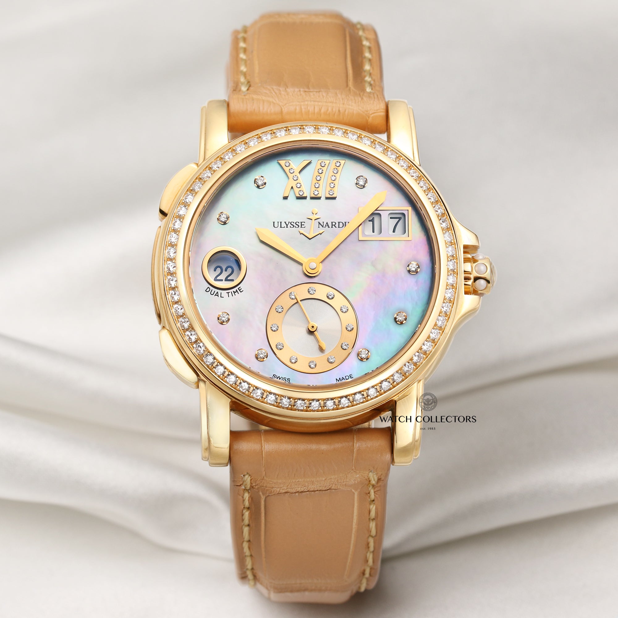 ulysse nardin 18k yellow gold diamond bezel mop dial second hand watch collectors 1