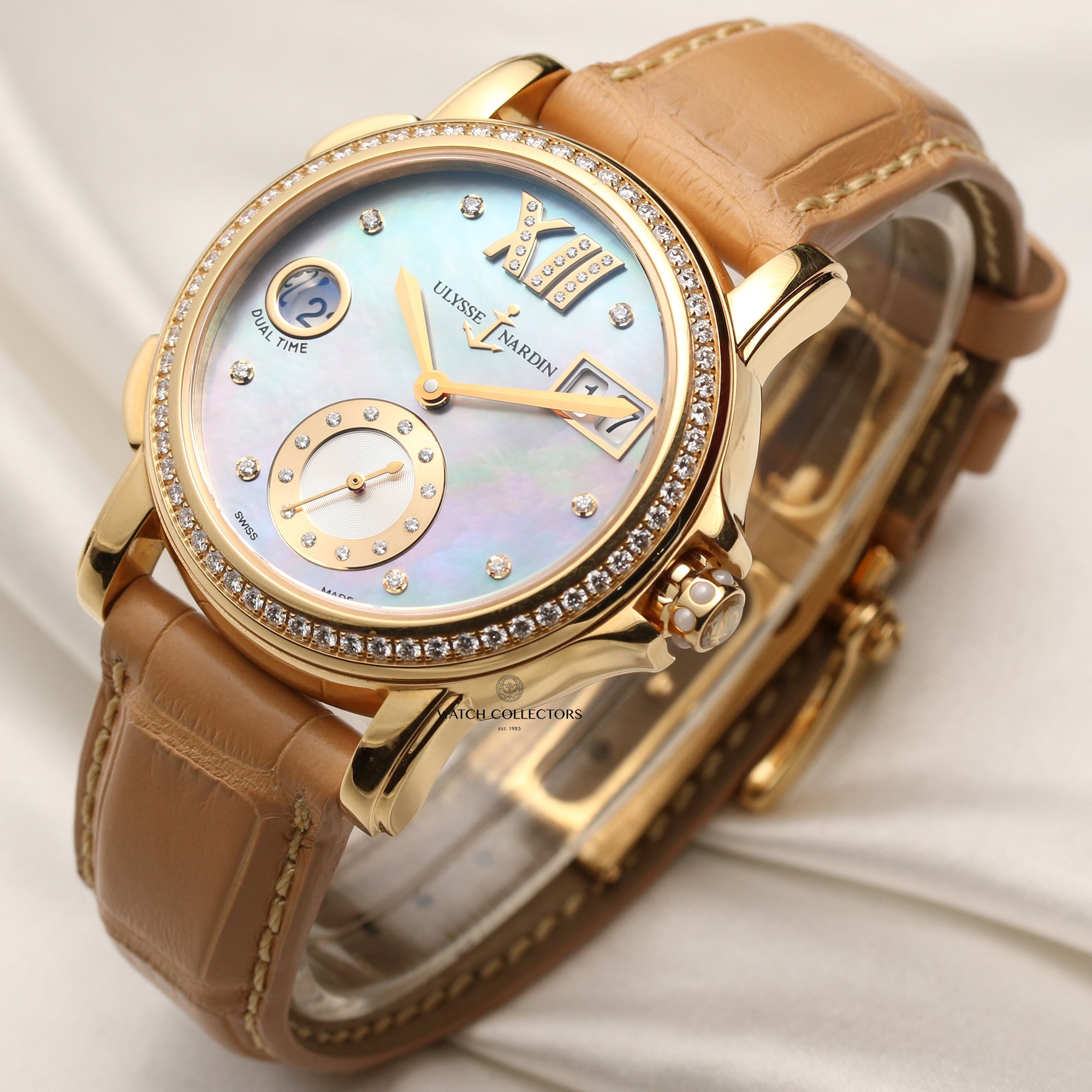 ulysse nardin 18k yellow gold diamond bezel mop dial second hand watch collectors 3