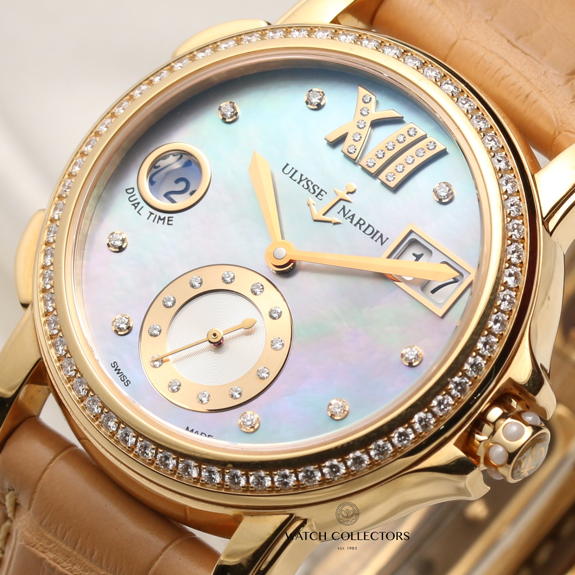 ulysse nardin 18k yellow gold diamond bezel mop dial second hand watch collectors 4